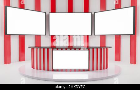 tavolo rosso e sfondo lcd nella sala news.3d rendering. Foto Stock