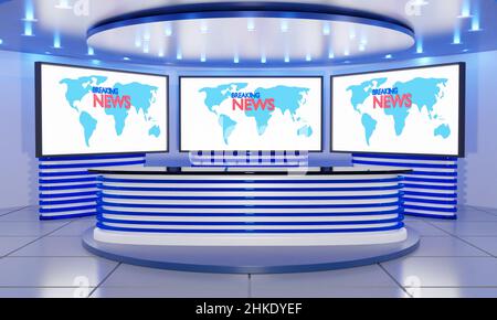 tavolo blu e sfondo lcd in un notiziario studio room.3d rendering. Foto Stock