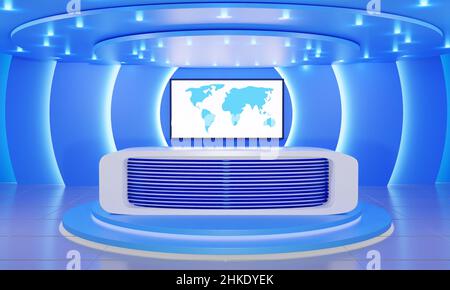 tavolo blu e sfondo lcd in un notiziario studio room.3d rendering. Foto Stock