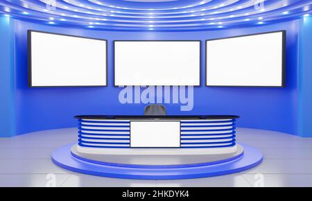 tavolo blu e sfondo lcd in un notiziario studio room.3d rendering. Foto Stock