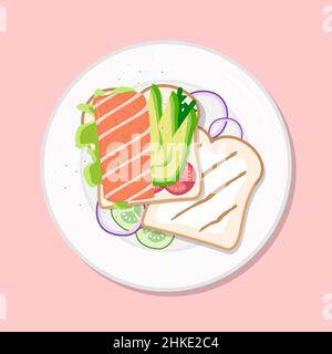 Sandwich con avocado al salmone e insalata di lattuga, pasto dietetico sano su piatto. Illustrazione vettoriale. Semplice immagine di stock piatto. Perdita di peso organico Illustrazione Vettoriale