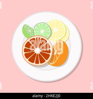 Arancio, lime, limone, fetta di pompelmo e metà, pasto sano agli agrumi sul piatto. Illustrazione vettoriale. Semplice immagine a stock piatto. Vitamina C esotica Illustrazione Vettoriale