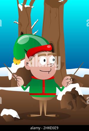 Direttore orchestra Elf di Natale. Illustrazione vettoriale del personaggio cartoon del piccolo lavoratore di Babbo Natale, aiutante. Illustrazione Vettoriale