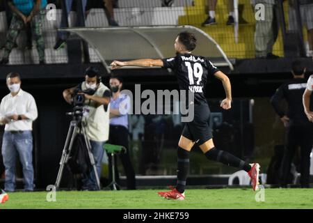 Braganca Paulista, San Paolo, Brasile. 3rd Feb 2022. Paulista Soccer Championship: Red Bull Bragantino e Sao Paulo. 03 febbraio 2022, Braganca Paulista, San Paolo, Brasile. Hyoran, della squadra Red Bull Bragantino, celebra il suo traguardo durante la partita di calcio tra RB Bragantino e Sao Paulo, valida per il round 3rd del Paulista Soccer Championship, che si tiene al Nabi Abi Cheddid Stadium, a Braganca Paulista (SP), giovedì (3). Red Bull Bragantino vince la partita 4-3. Credit: Leonardo Sguacabia/Thenews2 (Credit Image: © Leonardo Sguacabia/TheNEWS2 via ZUMA Press Wire) Foto Stock