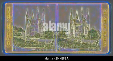 Ispirato dall'esterno della chiesa di Apollinaris a Remagen, St. Apollinaris-Kirche bei Remagen, Der Rhein &amp; seine Umgebungen, Anselm Schmitz, Remagen, c. 1860 - c. 1870, stampa albume, altezza 85 mm x larghezza 170 mm, reinventata da Artotop. L'arte classica reinventata con un tocco moderno. Design di calda e allegra luminosità e di raggi di luce. La fotografia si ispira al surrealismo e al futurismo, abbracciando l'energia dinamica della tecnologia moderna, del movimento, della velocità e rivoluzionando la cultura Foto Stock