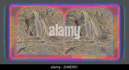 Ispirato dalla vista della cascata Pissevache, Cascade de Pisse-Vache, a Vernayaz, pres Martigny, la Suisse et la Savoie, Ernest Eléonor Pierre Lamy, Wallis, c. 1860 - c. 1880, stampa albume, altezza 85 mm x larghezza 170 mm, reinventata da Artotop. L'arte classica reinventata con un tocco moderno. Design di calda e allegra luminosità e di raggi di luce. La fotografia si ispira al surrealismo e al futurismo, abbracciando l'energia dinamica della tecnologia moderna, del movimento, della velocità e rivoluzionando la cultura Foto Stock