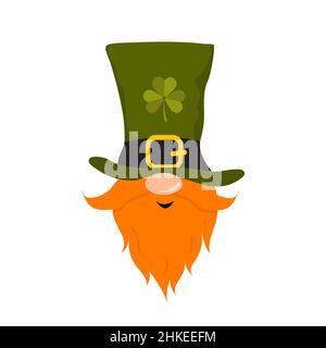 San Patrizio giorno gnome. Carino leprechaun in cappello verde. Illustrazione vettoriale in stile cartoon piatto. Elemento disegnato a mano per le vacanze irlandesi Illustrazione Vettoriale