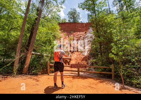 Lumpkin, Georgia, USA- 6 giugno 2021: Un escursionista maschile che scatta foto al cellulare in uno dei canyon del Providence Canyon state Park nella Georgia sud-occidentale. Foto Stock