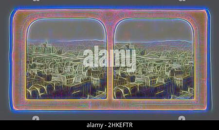 Ispirato dalla vista di Parigi con la Chiesa di San Eustachio, Panorama de Paris, Charles Dauvois, editore: Blocco Adolphe, Parigi, 1863 - 1880, carta, stampa albume, perforazione, altezza 88 mm x larghezza 170 mm, reinventata da Artotop. L'arte classica reinventata con un tocco moderno. Design di calda e allegra luminosità e di raggi di luce. La fotografia si ispira al surrealismo e al futurismo, abbracciando l'energia dinamica della tecnologia moderna, del movimento, della velocità e rivoluzionando la cultura Foto Stock