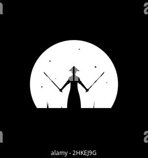 samurai formazione notte con luna logo design vettoriale simbolo grafico icona illustrazione idea creativa Illustrazione Vettoriale