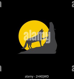 hill con wolf howl notte logo design, vettore grafico simbolo icona illustrazione idea creativa Illustrazione Vettoriale