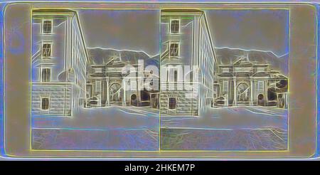 Ispirato dal lato sud dell'arco trionfale di Innsbruck, Das Ruhmes-Thor a Innsbruck, Südseite, Tirolo, Johann Friedrich Stiehm, editore: E. Linde & Co, Innsbruck, editore: Londra, 1868 - 1890, carta, Stampa albume, altezza 87 mm x larghezza 177 mm, reinventata da Artotop. L'arte classica reinventata con un tocco moderno. Design di calda e allegra luminosità e di raggi di luce. La fotografia si ispira al surrealismo e al futurismo, abbracciando l'energia dinamica della tecnologia moderna, del movimento, della velocità e rivoluzionando la cultura Foto Stock
