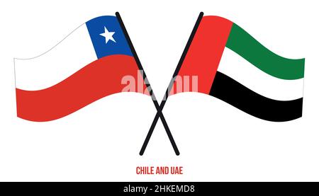 Bandiere del Cile e degli Emirati Arabi Uniti in stile piatto incrociato e ondeggiante. Proporzione ufficiale. Colori corretti. Illustrazione Vettoriale