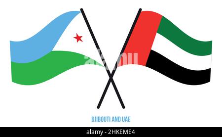 Gibuti e bandiere degli Emirati Arabi Uniti in stile piatto incrociato e ondeggiante. Proporzione ufficiale. Colori corretti. Illustrazione Vettoriale