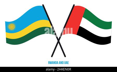 Bandiere del Ruanda e degli Emirati Arabi Uniti incrociate e ondeggianti stile piatto. Proporzione ufficiale. Colori corretti. Illustrazione Vettoriale