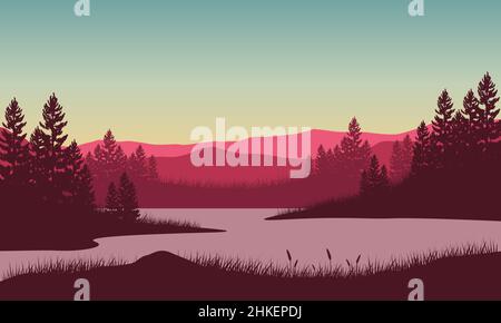 Realistiche vedute delle montagne dal lago dall'esterno della citta'. Illustrazione vettoriale di una citta' Illustrazione Vettoriale