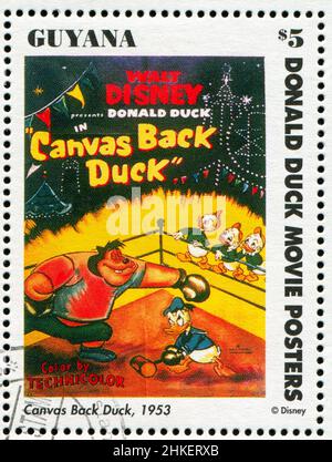 GUYANA - CIRCA 1994: Timbro stampato da Guyana, mostra i personaggi di Walt Disney, Canvas Back Duck, circa 1994 Foto Stock