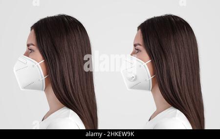 Maschera bianca con valvola espiratoria FFP3 su un infermiere, una ragazza in maschera medica con e senza filtro meccanico. Respiratore mockup per protec Foto Stock