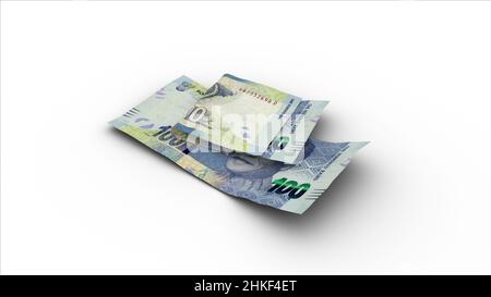 Rendering 3D di Double 100 South African rand Notes con ombre su sfondo bianco Foto Stock