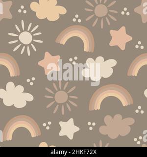 Motivi senza cuciture: Arcobaleno, sole, stella, nuvola in colori pastello marroni, illustrazione vettoriale per un design tranquillo e accogliente per i bambini Illustrazione Vettoriale