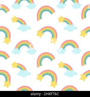 Arcobaleno pastello e stelle motivo senza cuciture su sfondo bianco. Modello per bambini Illustrazione Vettoriale