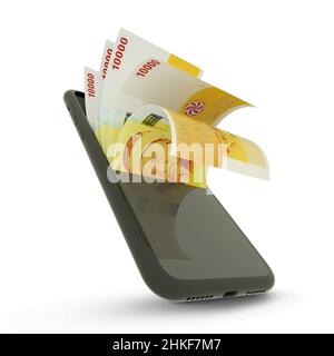 3D rendering di 10000 banconote in franco comoriano all'interno di un telefono cellulare isolato su sfondo bianco Foto Stock