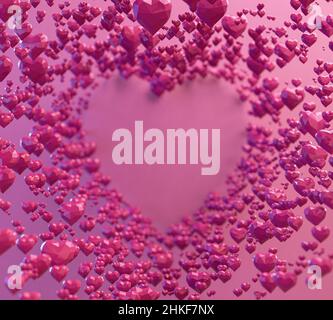 Una raccolta di forme basse di cuore rosa poliangolare che compongono la forma di un cuore più grande su uno sfondo di tessuto rosa - 3D rendering Foto Stock