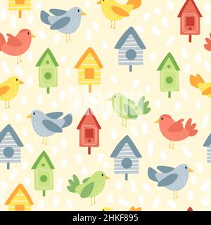 Uccelli e birdhouses in primavera o in estate. Carta da parati vettoriale con motivo senza giunture su sfondo giallo chiaro Illustrazione Vettoriale