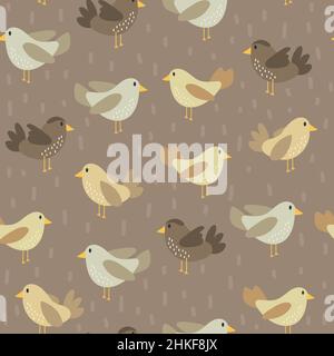 Modello senza cuciture con simpatici uccelli in uno stile disegnato a mano. Beige, uccelli marroni. Sfondo per la stanza dei bambini, tessuto, abbigliamento, carta da imballaggio Illustrazione Vettoriale