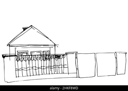 disegno vettoriale bianco e nero di una casa dietro una recinzione in ferro con un cancello Foto Stock