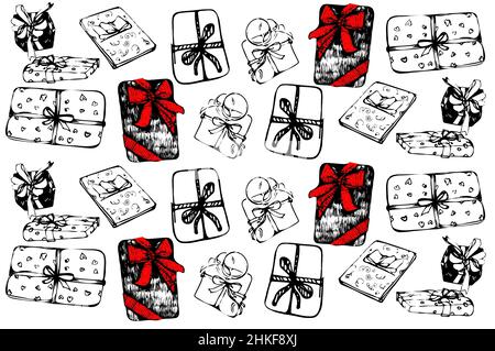 disegno vettoriale bianco e nero di una confezione regalo legata con un nastro Foto Stock