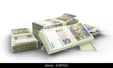 3D pila di note croate da 1000 Kuna isolate su sfondo bianco. Valuta della Croazia Foto Stock