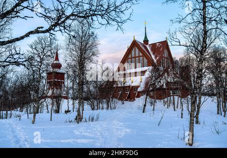 Chiesa di Kiruna in inverno, Svezia Foto Stock