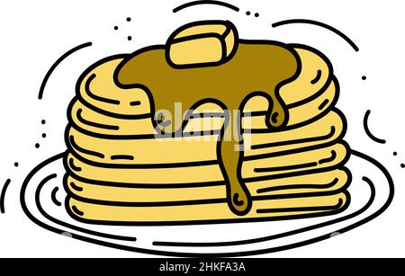 Pancake con sciroppo d'acero. Elementi in stile doodle disegnati a mano. Colazione. Buongiorno. Pancake su un piatto. Un semplice vettore in stile doodle. Illustrazione Vettoriale