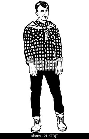 disegno vettoriale bianco e nero di un giovane uomo in una camicia a quadri Foto Stock