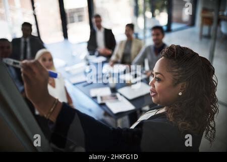 Possiamo andare passo dopo passo. Scatto ad alta angolazione di una giovane donna d'affari che spiega le cose relative al lavoro durante una presentazione ai colleghi di lavoro in una sala riunioni Foto Stock