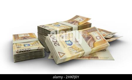 3D Stack di 200 note zloty polacche isolate su sfondo bianco Foto Stock