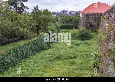 Medievale Gray Castello muro di antico castello di Uzhgorod con un prato verde di fronte. Castello di Uzhgorod, regione di Zakarpattya, Ucraina occidentale Foto Stock