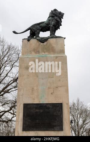 8th Division Memorial, The Lion Monument, su Queen's Avenue, Aldershot, Hampshire, REGNO UNITO. Un Leone di bronzo montato sul cenotafio di grado II elencato Foto Stock