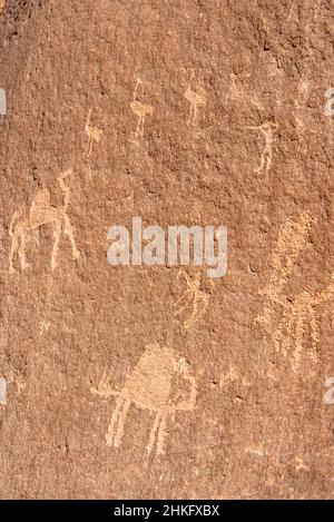 Giordania, il Governatorato di Aqaba, Wadi Rum, elencato come Patrimonio Mondiale dall'UNESCO, Petroglyfi, disegni Talmudici, figure Camel Foto Stock