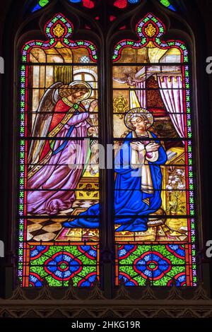 Francia, Landes, Roquefort, palco sulla via Lemovicensis o Vezelay, uno dei modi principali per Santiago de Compostela, vetrate della chiesa di Sainte-Marie del 12th secolo Foto Stock
