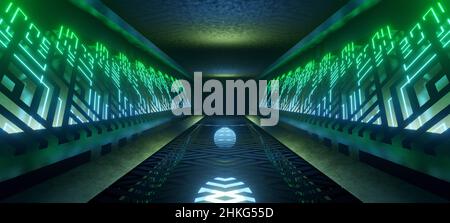 Futuristico Alien Interior Empty Studio Advanced Neon with Medium Sea Green Colors Reflective background Wallpaper 3D Render Foto Stock