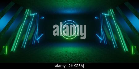 Elegante piattaforma piedistallo Tunnel spazio Phantom Neon incandescente con luce Mare Verde colori Alien futuristico concetto per Web Banner o Headers 3D Illustr Foto Stock