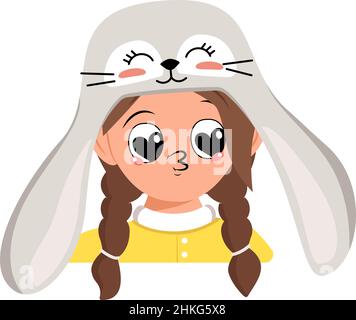 Avatar di ragazza con occhi di cuore e baci labbra in simpatico cappello di coniglio con orecchie lunghe. Testa di bambino con faccia gioiosa per Pasqua di festa, Capodanno o costume di carnevale per festa. Illustrazione piatta vettoriale Illustrazione Vettoriale