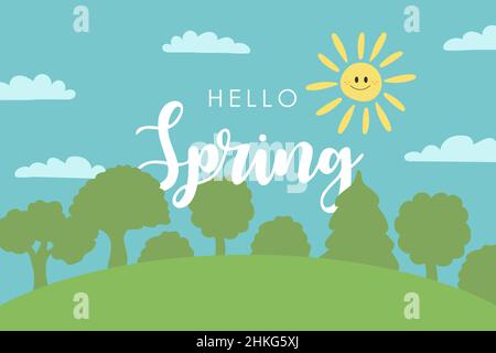 Paesaggio primaverile in stile cartoon con alberi, sole, nuvole e l'iscrizione Hello Spring. Illustrazione vettoriale disegnata a mano. Illustrazione Vettoriale