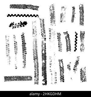 Tracce del battistrada di un'auto, di un motociclo o di una bicicletta. Motocross, rally, pista, tracce di ruote grunghe. Vettore. Illustrazione Vettoriale