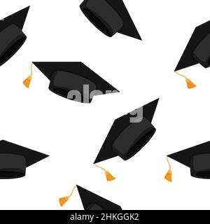 Modello senza cuciture con tappo graduato. Illustrazione vettoriale. Sfondo del cappuccio di graduazione astratto Illustrazione Vettoriale