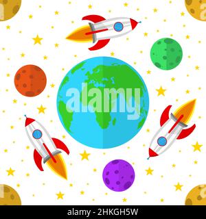 Sfondo senza cuciture con Rockets nello spazio. Illustrazione vettoriale. Modello di spazio astratto. Illustrazione Vettoriale