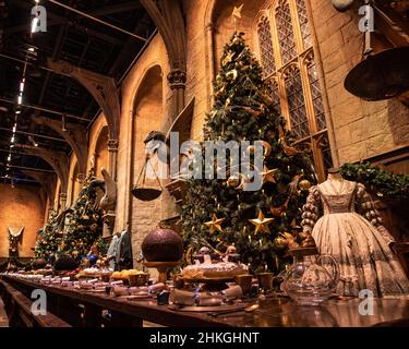 Leavesden, Regno Unito - Gennaio 9th 2022: Una grande Sala di Hogwarts festosa-osservante, al giro di fare di Harry Potter ai Warner Bros. Studios a Leavesde Foto Stock