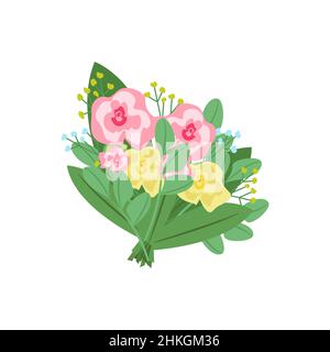 Bouquet di fiori, rose, gypsofila, caryophyllaceae, illustrazione vettoriale in stile piatto, cartoon Illustrazione Vettoriale